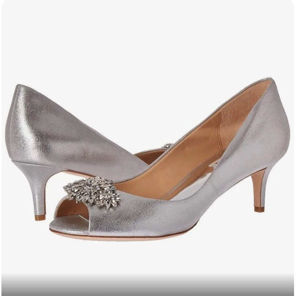 Badgley Mischka Nakita II Kitten Heel Peep Toe Pumps (Silver)